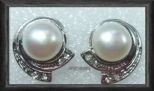 GENUINE WHITE PEARL & CRYSTAL DRESS EARRINGS CRAFTED IN SILVER