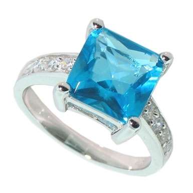 "STUNNING" 10CTW BLUE TOPAZ CZ PRINCESS CUT RING IN 925 STERLING SILVER