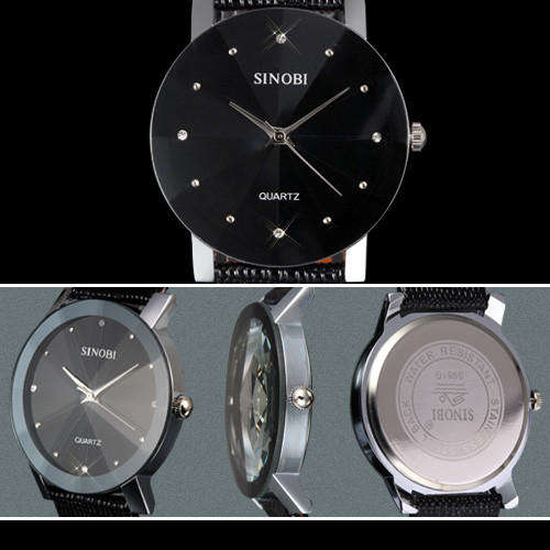 "LUXURIOUS" SINOBI GENTS ELEGANT SLIM LINE WATCH WITH BLACK LEATHER STRAP
