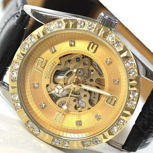 WINNER BRAND SKELETON LADIES GOLD CRYSTAL FACED WATCH WITH BLACK LEATHER STRAP