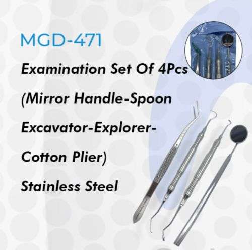 Examination Set Of 4Pcs (Mirror Handle-Spoon Excavator-Explorer-Cotton Plier) Stainless Steel