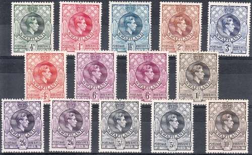 SWAZILAND 1943 KGVI DEFINITIVE ISSUE PERF13 12 x 14 SET MH (SACC 27a-37a, incl 33c, 35b, 36b)