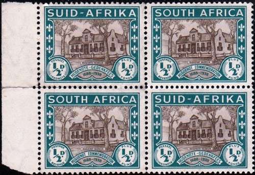 UNION OF SOUTH AFRICA 1939: 250th ANNIVERSARY OF HUGUENOT LANDING IN SA TWO PAIRS 1/2d MNH (SACC81)
