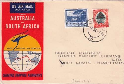 FIRST AIR MAIL COVER 1952 BY QANTAS EMPIRE AIRWAYS BETWEEN JOHANNESBURG - MAURITIUS