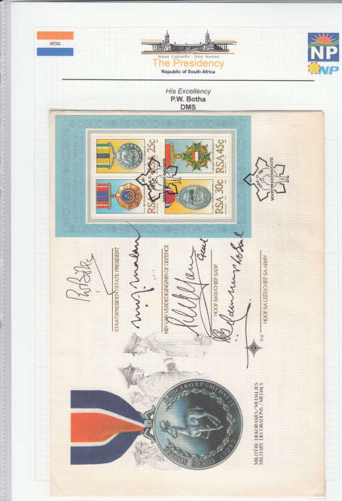 RSA OFFICIAL FDC S12 1984: MILITARY DECORATIONS SIGNED BY PRES. PW BOTHA (one dot) AND HIS GENERALS