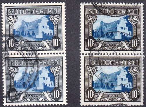 UNION OF SA 1939-1944: DEFINITIVE ISSUE 10s USED IN TWO COLOURS (SACC63b &63a)