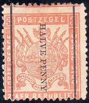 ZAR 2nd REPUBLIC 1885: ARMS 3 PENNY SURCHARGED "HALVE PENNY" UP MH (SACC193)