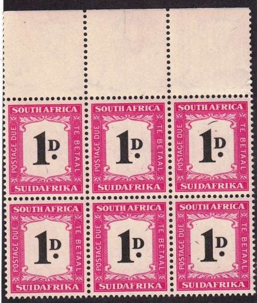 UNION POSTAGE DUE 1948: NEW DESIGN 1d MARGINAL  BLOCK OF 6 MNH (SACC 34)