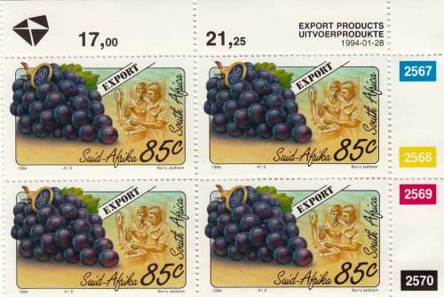 RSA 1994: EXPORT FRUITS FULL SET CONTROL BLOCKS OF 4 MNH (SACC 853-857)