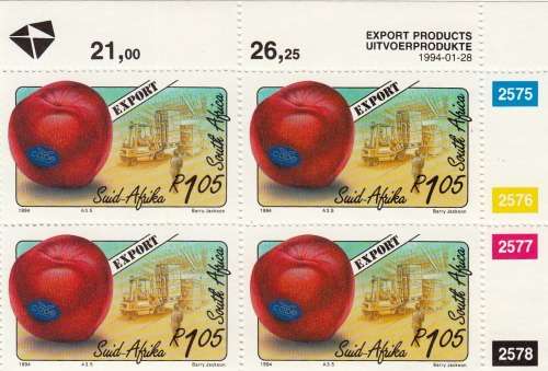 RSA 1994: EXPORT FRUITS FULL SET CONTROL BLOCKS OF 4 MNH (SACC 853-857)