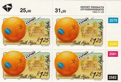 RSA 1994: EXPORT FRUITS FULL SET CONTROL BLOCKS OF 4 MNH (SACC 853-857)
