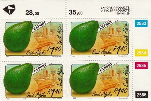 RSA 1994: EXPORT FRUITS FULL SET CONTROL BLOCKS OF 4 MNH (SACC 853-857)