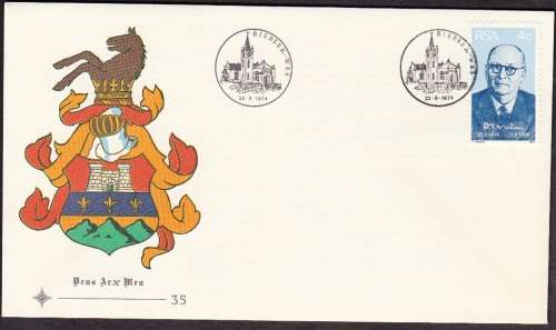 RSA FDC 35 1974: BIRTH CENTENARY OF PRIME MINISTER DF MALAN - SHIFT IN BLACK OUTLINE VARIETY