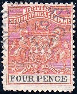 BRITISH SOUTH AFRICA COMPANY 1892: DEFINITIVE ISSUE FOUR PENCE USED (SACC22)