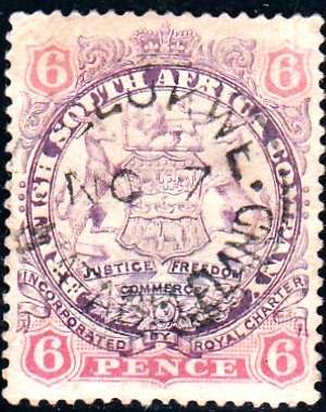 BRITISH SOUTH AFRICA COMPANY 1896: DEFINITIVE ISSUE 6 PENCE DIE 1 USED (SACC33)