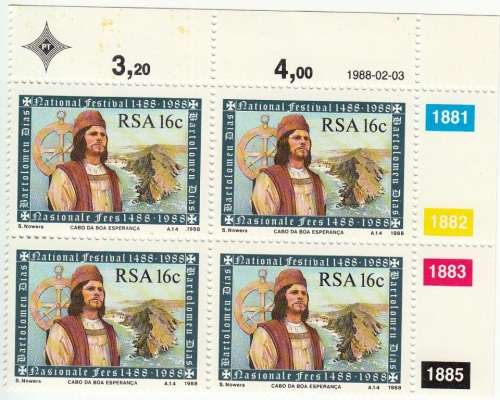 RSA 1988: 500th ANNIVERSARY OF DISCOVERY OF THE CAPE BY DIAS 16c CONTROL BLOCK MNH (643)