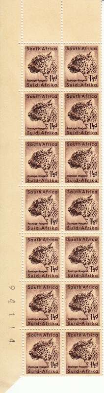 UNION OF SOUTH AFRICA 1954: LEOPARD MARGINAL STRIP OF 14 1 1/2d and SHEET NO. IN BLACK MNH (SACC152)