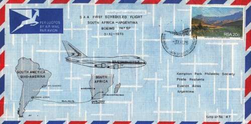 KEMPAIR FLIGHT COVER # 47 1978 - SAA 1st FLIGHT JAN SMUTS - ARGENTINA BOEING 747SP