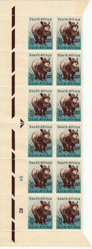 UNION OF SOUTH AFRICA 1959: DEFINITIVE ISSUE 3d CONTOL, ARROW & TL CORNER BLOCKS OF 4 MNH (SACC171)