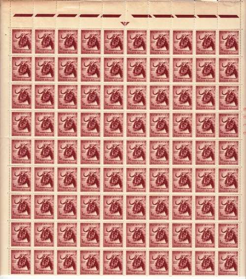 RSA 1961: DEFINITIVE ISSUE 1c BLOCK OF 90 WITH SHEET NUMBER IN RED MNH (SACC185)