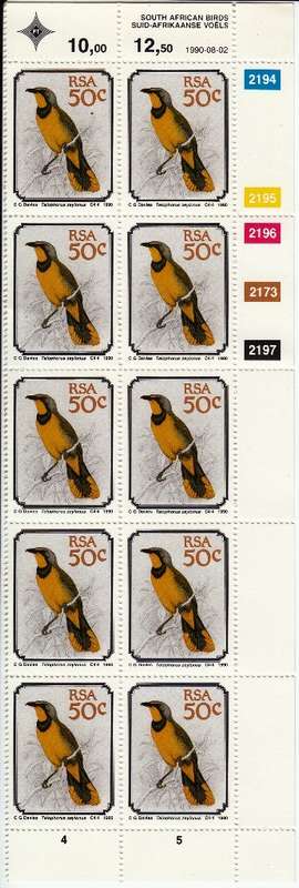 RSA 1990: SOUTH AFRICAN BIRDS 50c CONTROL BLOCK OF 10 MNH (SACC 730)