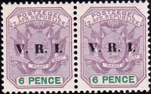 ZAR 2nd BRITISH OCCUPATION 1900: ARMS PAIR 6 PENCE OVERPRINTED "V.R.I." (SACC238)