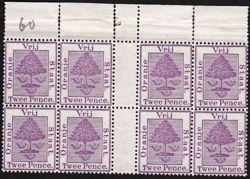 OFS 1883: ADDITIONAL VALUE 2d MARGINAL GUTTER BLOCK OF 8 MNH (SACC 27)
