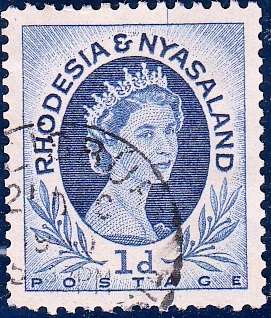 RHODESIA and NYASALAND 1955: QEII DEFINITIVE ISSUE 1d COIL USED (SACC 2a)