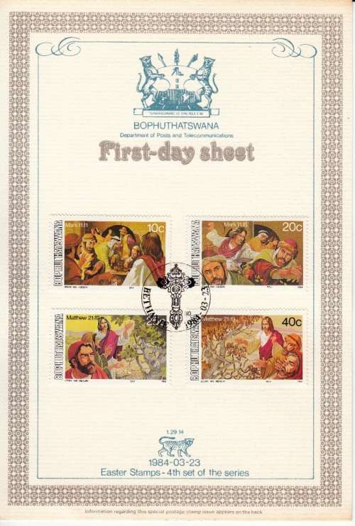 BOPHUTHATSWANA FIRST-DAY SHEET 1.29.14 1984: EASTER STAMPS (4)