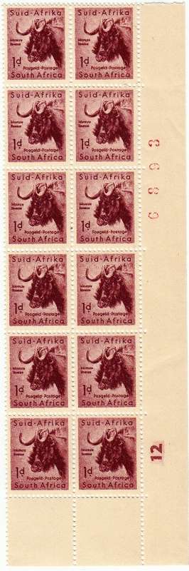 UNION OF SOUTH AFRICA 1954: BLACK WILDEBEEST 1d BLOCK OF 12 CYLINDER 12 and SHEET NUMBER IN RED MNH