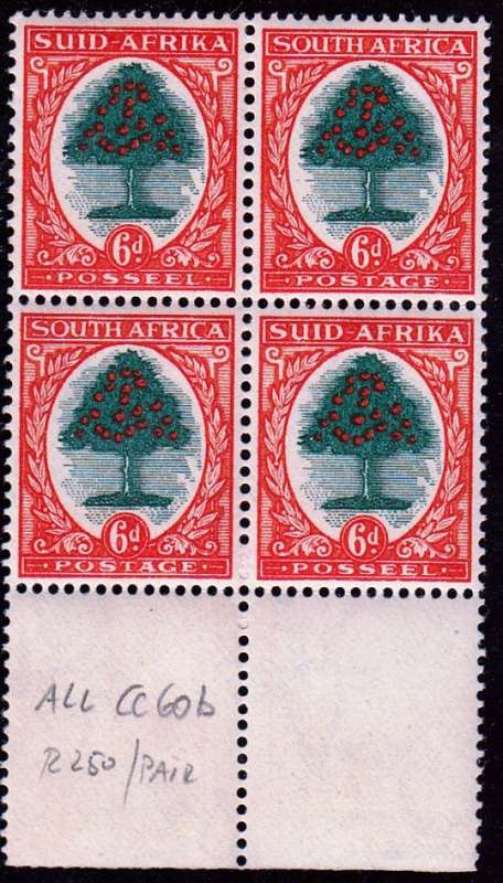SA 1946: DEFINITIVE ISSUE 6d MARGINAL BLOCK OF 4 MNH (SACC 60b) - TYPE III GREEN and RED ORANGE