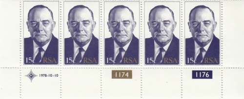 RSA 1978: INAUGURATION OF THE 4th STATE PRES. DR BJ VORSTER SET CONTROL STRIP OF 5 MNH (SACC 453-4)