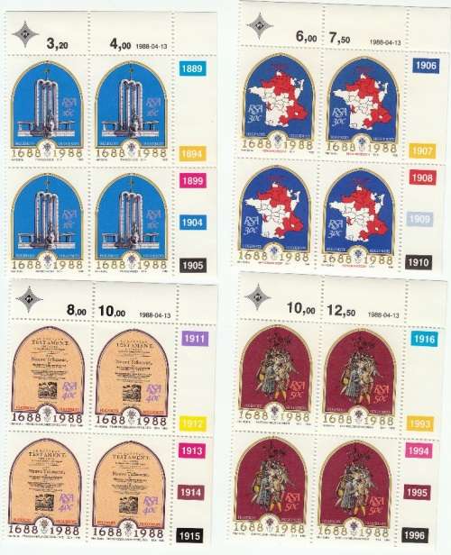 RSA 1988: 300th ANNIV. OF ARRIVAL OF 1st FRENCH HUGUENOTS FULL SET CONTROL BLOCKS MNH (SACC 650-3)