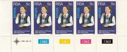 RSA 1981 CENTENARY OF INSTITUTES FOR THE DEAF and BLIND FULL SET CONTROL STRIPS OF 5 MNH SACC499-500
