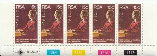 RSA 1981 CENTENARY OF INSTITUTES FOR THE DEAF and BLIND FULL SET CONTROL STRIPS OF 5 MNH SACC499-500