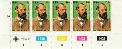 RSA 1982: CENTENARY OF DISCOVERY OF TUBERCLE BACILLUS CONTROL STRIP OF 5 MNH (SACC 509)