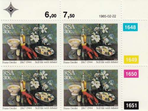 RSA 1985: PAINTINGS BY FRANS OERDER FULL SET CONTROL BLOCKS MNH (SACC 582-5)