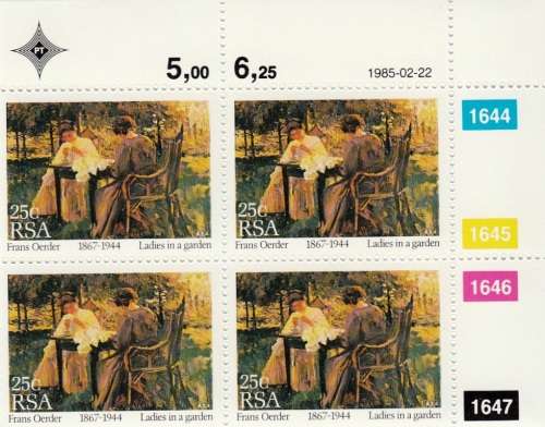 RSA 1985: PAINTINGS BY FRANS OERDER FULL SET CONTROL BLOCKS MNH (SACC 582-5)