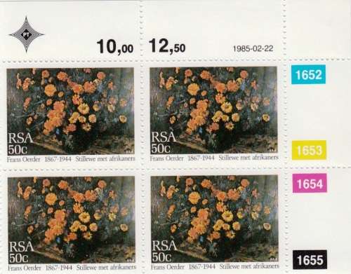 RSA 1985: PAINTINGS BY FRANS OERDER FULL SET CONTROL BLOCKS MNH (SACC 582-5)