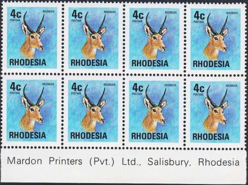 RHODESIA 1974: DEFINITIVE ISSUE 4c IMPRINT BLOCK OF 8 MNH (SACC254a)