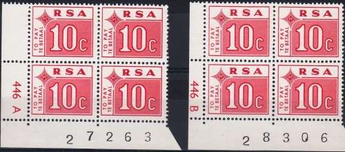 RSA 1972: POSTAGE DUE FULL SET (incl 66a) CONTROL BLOCKS A and B MNH (SACC 63-68)