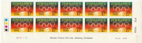 ZIMBABWE 1980: OLYMPIC GAMES SRTIP OF 10 WITH CONTROL BLOCK B and IMPRINT