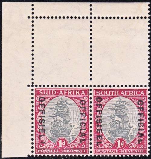 UNION 1935: OFFICIAL 1d TOP LEFT CORNER PAIR  MNH (SACC25a)