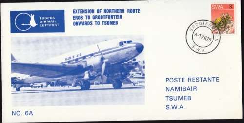SWA 1978 OFFICIAL 1st FLIGHT CARD#6A: EXT OF NORTHERN ROUTE EROS TO GROOTFONTEIN ONWARDS TO TSUMEB