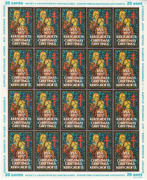 RSA CHRISTMAS STAMP FUND 1972 SHEET OF 20 (HINGE IN TOP CORNERS)