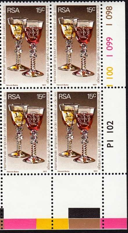 RSA 1977: INTERNATIONAL WINE SYMPOSIUM CONTROL BLOCK OF 4 MNH (SACC 415)