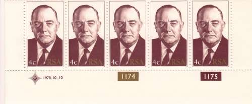RSA 1978: INAUGURATION OF THE 4th STATE PRES. DR BJ VORSTER SET CONTROL STRIP OF 5 MNH (SACC 453-4)
