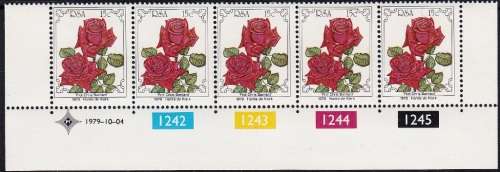 RSA 1979: 4th WORLD ROSE CONVENTION SET CONTROL STRIPS OF 5 MNH (SACC 470-473)