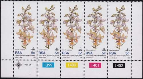 RSA 1981: 10th WORLD ORCHID CONFERENCE 5c CONTROL STRIP OF 5 MNH (SACC 502)