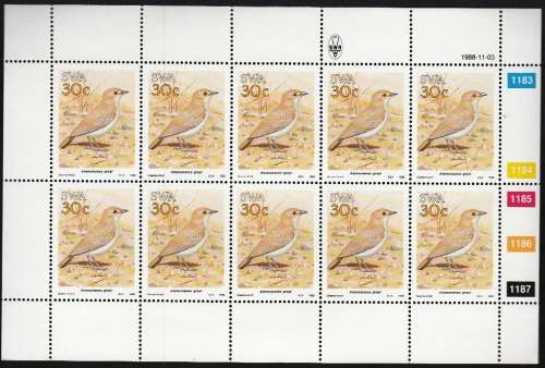 SWA 1988: BIRDS OF SWA 30c FULL SHEET OF 10 MNH (SACC 515)